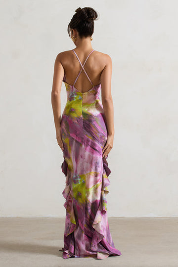 Sommer Lilac Print Racer-Neck Ruffle Maxi Dress